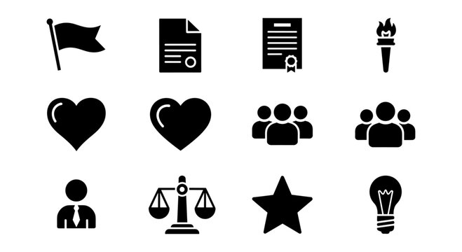 Simple silhouette icons of community, law, and motivation elements