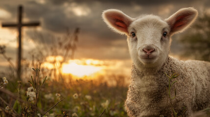 Obraz premium Concept of resurrection of jesus christ lamb of god in front with cross in background and sunset 