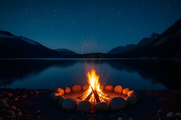 A glowing campfire surrounded by stones near a quiet lake, vast night sky above.