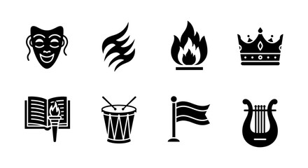 Set of black silhouette icons representing art, music, theater, and royalty
