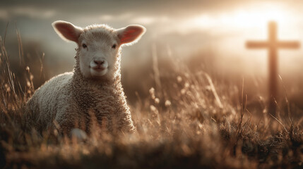 Obraz premium Concept of resurrection of jesus christ lamb of god in front with cross in background and sunset 
