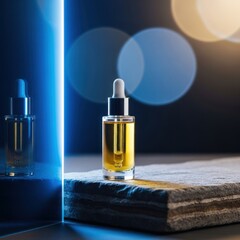 Cosmetic Bottle on Stone with Reflected Blue Light