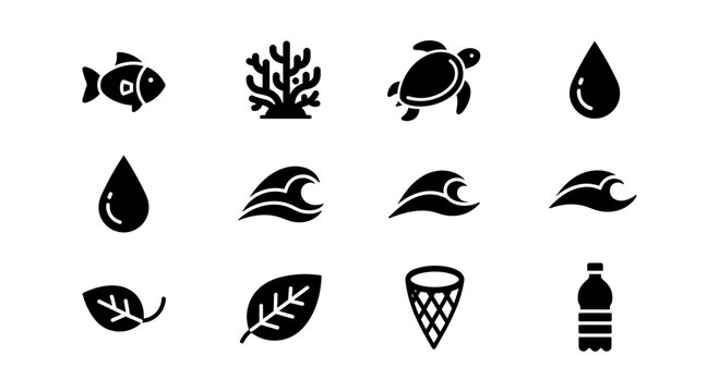 Minimalist aquatic and nature icons set: marine life, water, and leaves