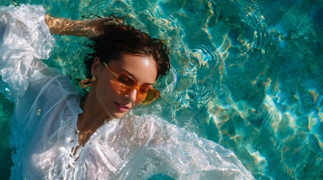 Woman relaxing in pool water with stylish sunglasses during sunny day