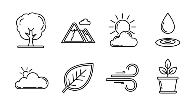 Minimalist line icons for nature elements: sun, cloud, tree, leaf, water, plant, mountain, wind