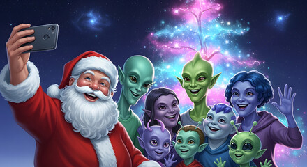 Santa Claus Takes Selfie with Alien Group in Front of Glowing Nebula Tree