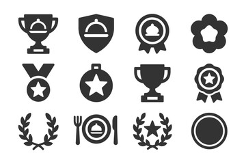 Award icon set: trophies, medals, badges, laurel wreaths, dining symbols.