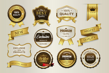 Golden luxury labels and banners, gold badge vector .premium quality certificate seal ribbons, Shield, VIP, super quality sticker tags and banners for best product seals, top no 1 brand golden Crown