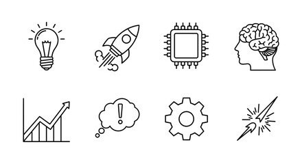 Linear icon set: innovation and technology concepts with light bulb, rocket, and brain