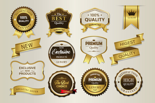 Golden luxury labels and banners, gold badge vector .premium quality certificate seal ribbons, Shield, VIP, super quality sticker tags and banners for best product seals, top no 1 brand golden Crown