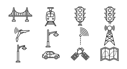 Smart city infrastructure icons in linear black and white style