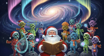 Santa Claus and Intergalactic Alien Choir Singing Carols