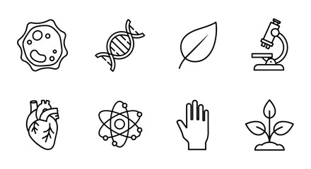 Science and nature linear icons: microscopy, genetics, biology, and more
