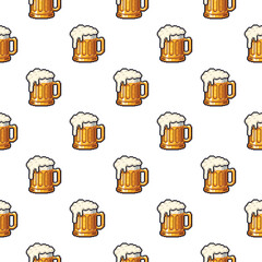Pixel Art Beer Mug Seamless Pattern - Retro 8-bit Alcohol Beverage Background and Texture