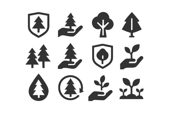 Collection of tree and plant icons representing nature and environment.