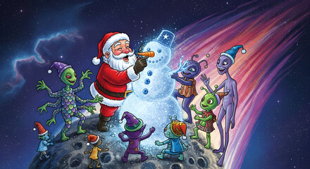 Santa and Aliens Build Stardust Snowman on Comet