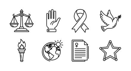 Line art icons of justice, peace, and global equality themes