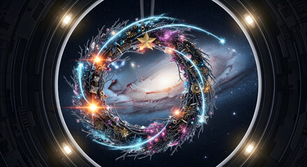 Futuristic Wreath with Galaxy View Through Spaceship Porthole