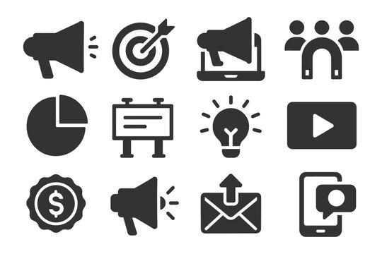 Digital marketing icons: megaphone, target, laptop, audience, pie chart, billboard, lightbulb, video, badge, email, mobile. - Powered by Adobe