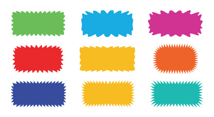 A collection of nine colorful rectangular shapes with jagged edges on a white background.