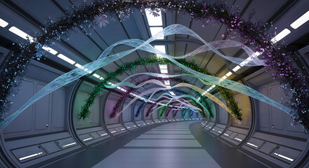 Futuristic Space Corridor with Garlands and Flowing Ribbons