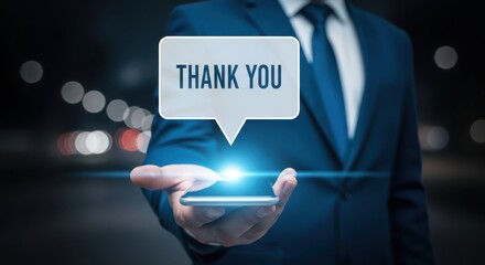 Businessman holding a speech bubble with thank you against a blurred city background