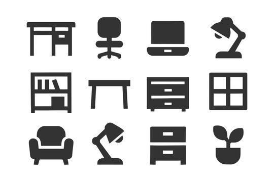 Office furniture and essentials icons: desk, chair, laptop, lamp, bookshelf, plant.