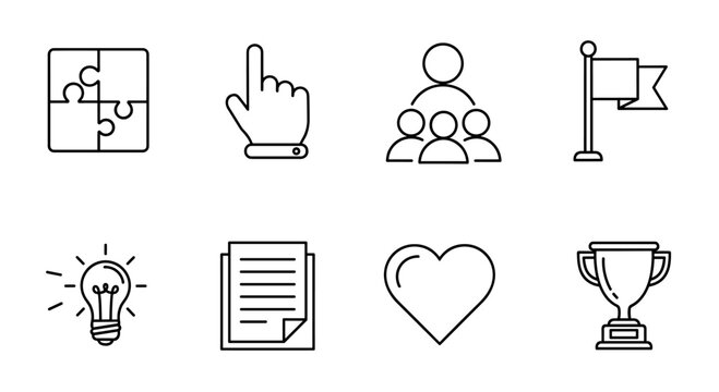 Minimalist line icons: teamwork, innovation, success, family, and more