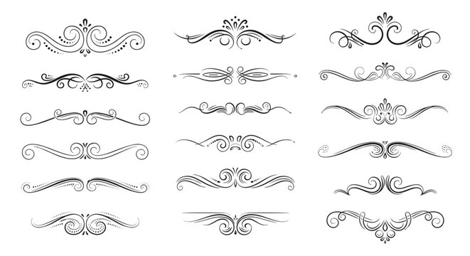 A collection of decorative ornamental dividers and borders with elegant flourishes and symmetrical designs.