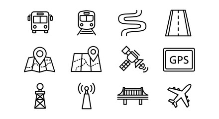 Linear icons of transport and navigation elements: bus, train, map, satellite, gps, and more