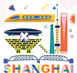 Shanghai culture travel set, video split screen, famous architecture in flat design. Business travel, Memphis concept clipart. Image for presentation, banner, website, advert, flyer, roadmap, icon