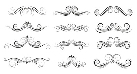 A collection of ornate decorative flourishes and vintage dividers suitable for elegant design projects.