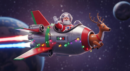Astronaut Santa Flying Whimsical Space Rocket with Reindeer Thruster