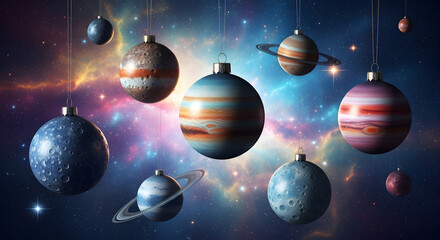 Celestial Ornaments Resembling Planets and Moons in a Vibrant Nebula