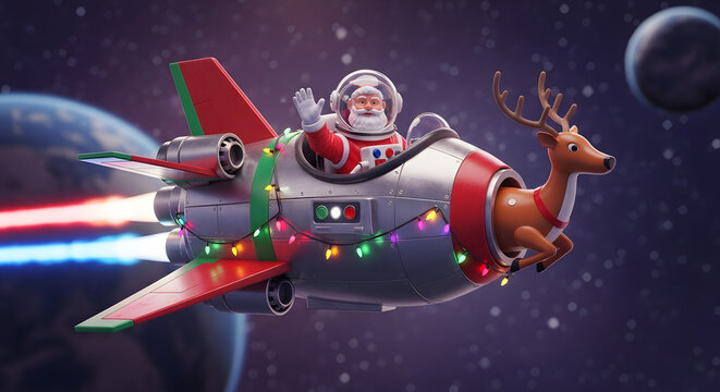 Astronaut Santa Flying Whimsical Space Rocket with Reindeer Thruster