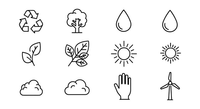 Eco line icons set featuring nature elements like sun, tree, and wind