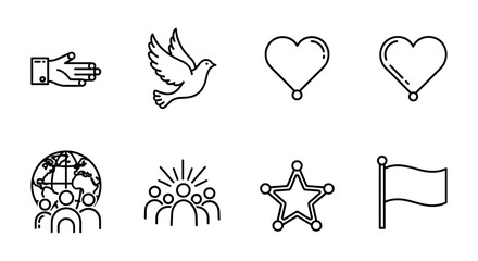 Minimalist icons of peace, unity, and global community in line art style