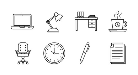 Fototapeta premium Minimalist office icons set: desk, laptop, lamp, and more in linear style