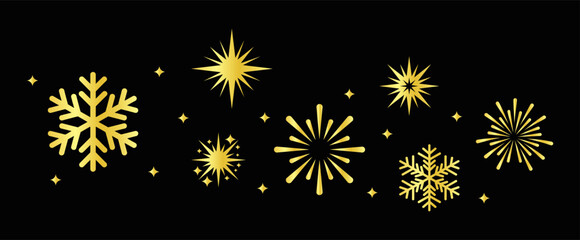 Golden Snowflake and Star Sparkle Set on Black Background