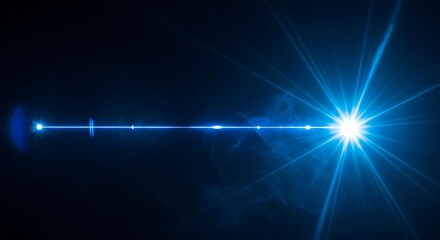 Bright blue lens flare effect with starburst and rays on dark background