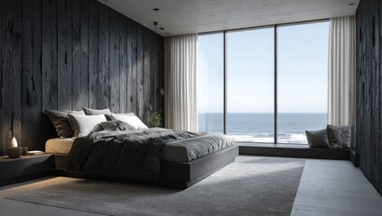 Modern dark bedroom with ocean view, large window, minimalist decor, and cozy bedding