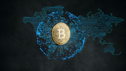 Global Cryptocurrency Network: Bitcoin on Digital World Map Circuit