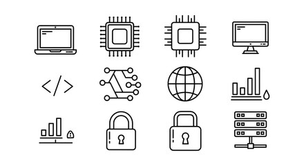 Tech icons set: computers, security, data analysis, global network