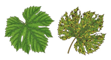 Grapevine Leaves with Healthy and Diseased Appearance leaf plant botany agriculture illustration green brown spots damage viticulture