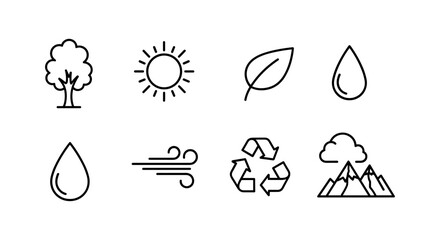 Minimalist nature icons: eco friendly line art symbols of sustainability and environment