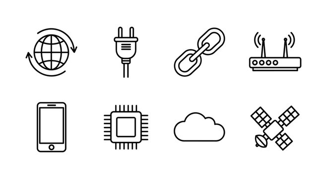 Linear technology icons: connectivity, communication, and networking essentials