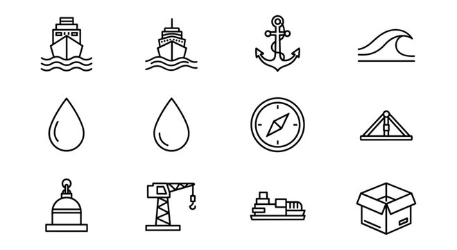 Nautical line icons: ships, anchors, waves, compass, and more