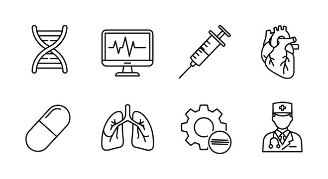Healthcare and medical icons in linear style: dna, heartbeat, syringe, and more - Powered by Adobe
