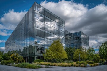 Fototapeta premium Modern glass office building reflecting clouds, surrounded by green landscaping