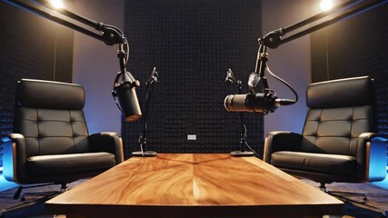 Modern broadcasting studio setup with two microphones and armchairs prepared for a professional podcast or interview session